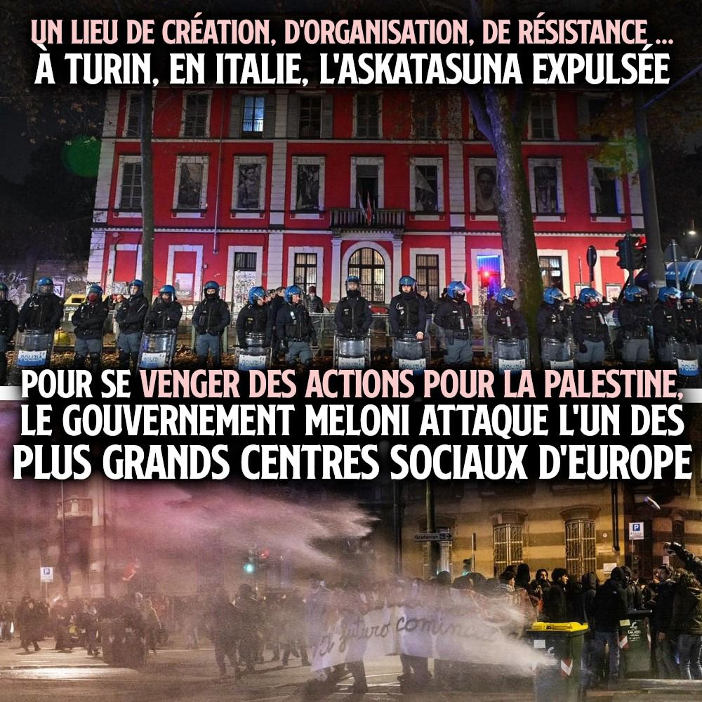 Devant l'Askatasuna à Turin, un cordon de policiers anti-émeute bloque l'accès au bâtiment et disperse les personnes qui voudraient y retourner.