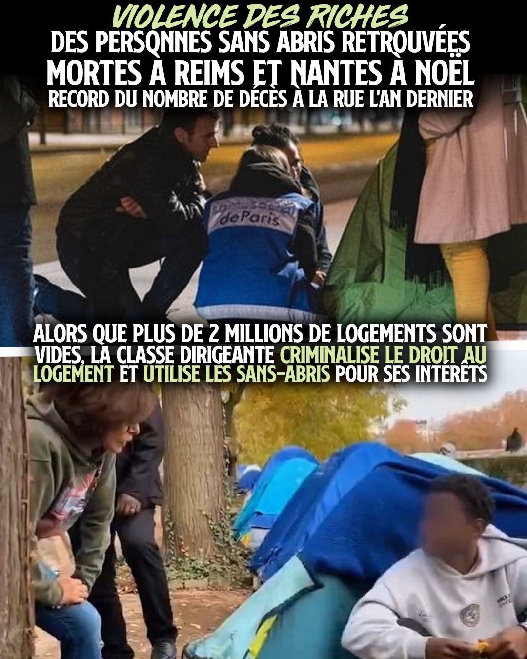 Deux images de Macron et Dati visitant des SDF dans des tentes pour leur communication, mais qui se soucient peu qu'on meurt dans la rue.