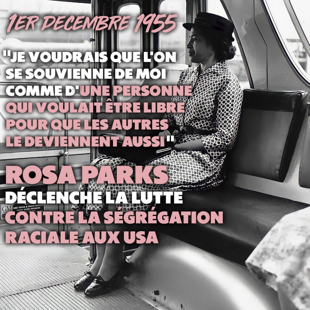Le 1er décembre 1955, Rosa Parks refuse de céder sa place à un blanc dans un bus, à Montgomery dans l’Alabama.