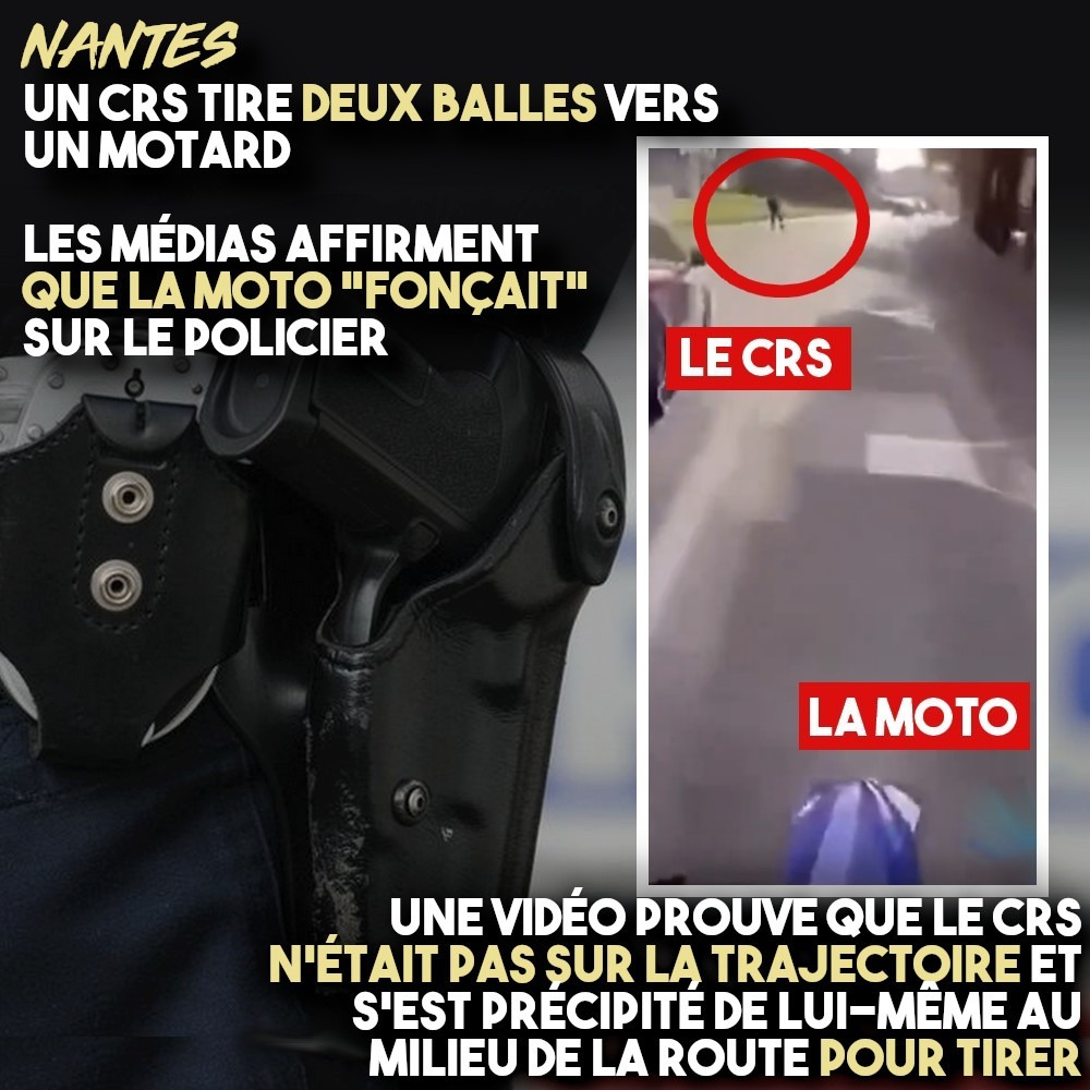 La capture d'écran de la vidéo où l'on voit le policier au milieu de la route, seul, avant de tirer sur une moto en mouvement.