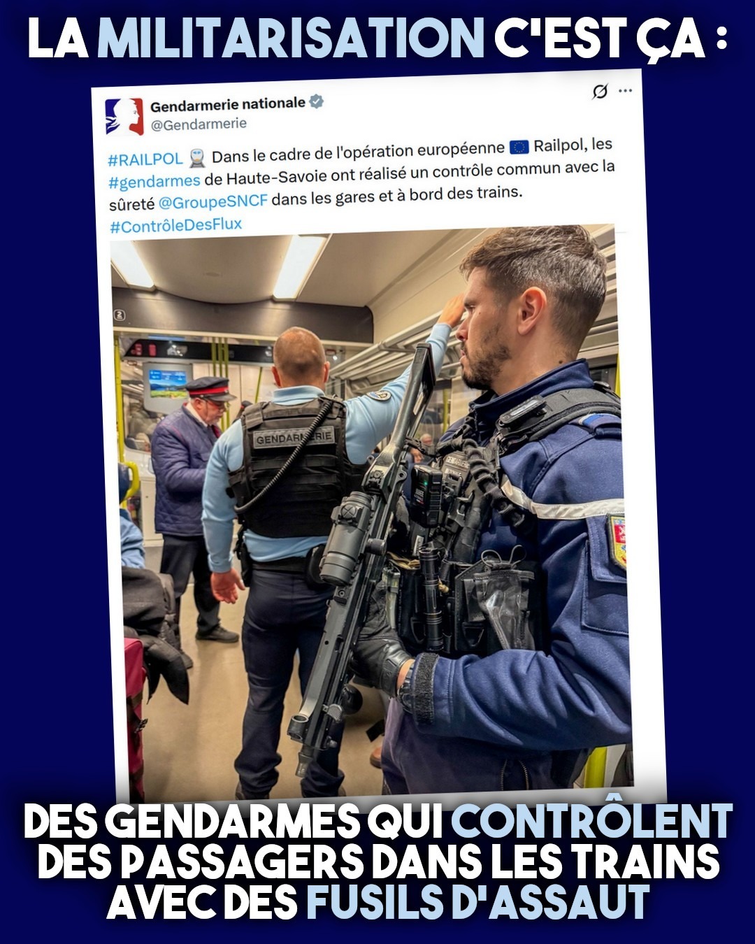 Dans un train du sud-est de la France, un contrôle de billets a lieu sous le regard d'un gendarme lourdement armé.