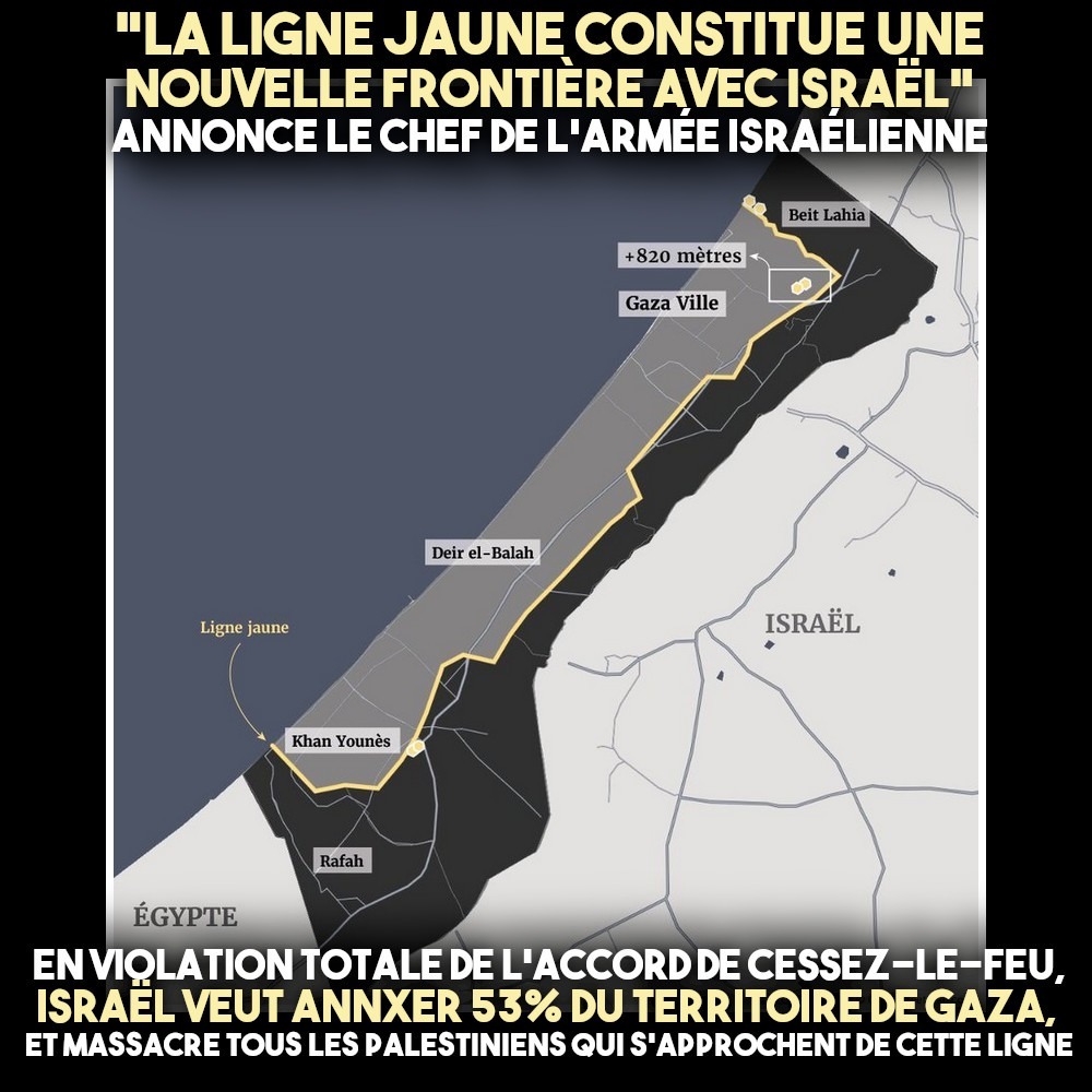 Carte de la bande de Gaza montrant la perte de territoire si la "ligne jaune" devient la nouvelle frontière.