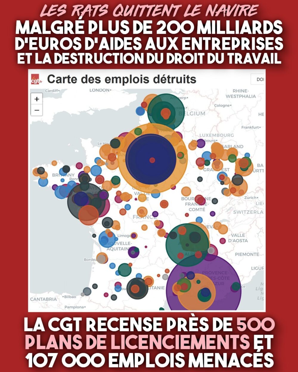 La carte de France des emplois détruits par les rats qui quittent le navire.