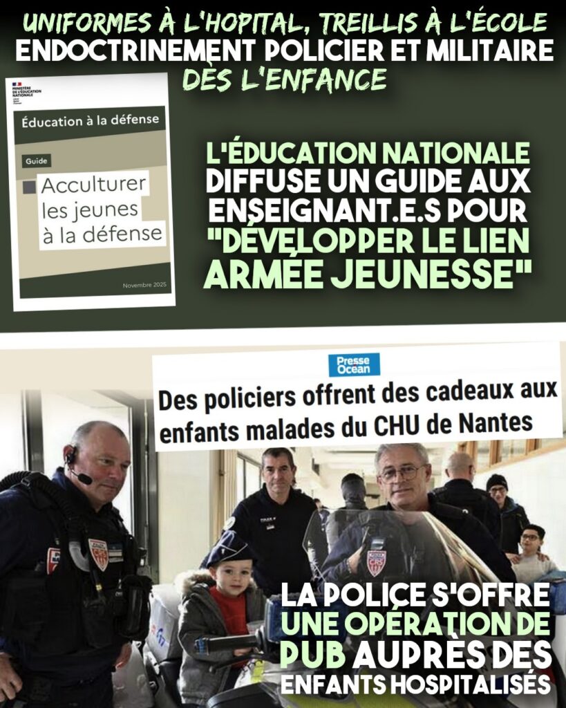 En haut : le rapport gouvernemental pour "acculturer les jeunes à la défense".
En bas : des policiers donnent des cadeaux de Noël à des enfants dans un hôpital.