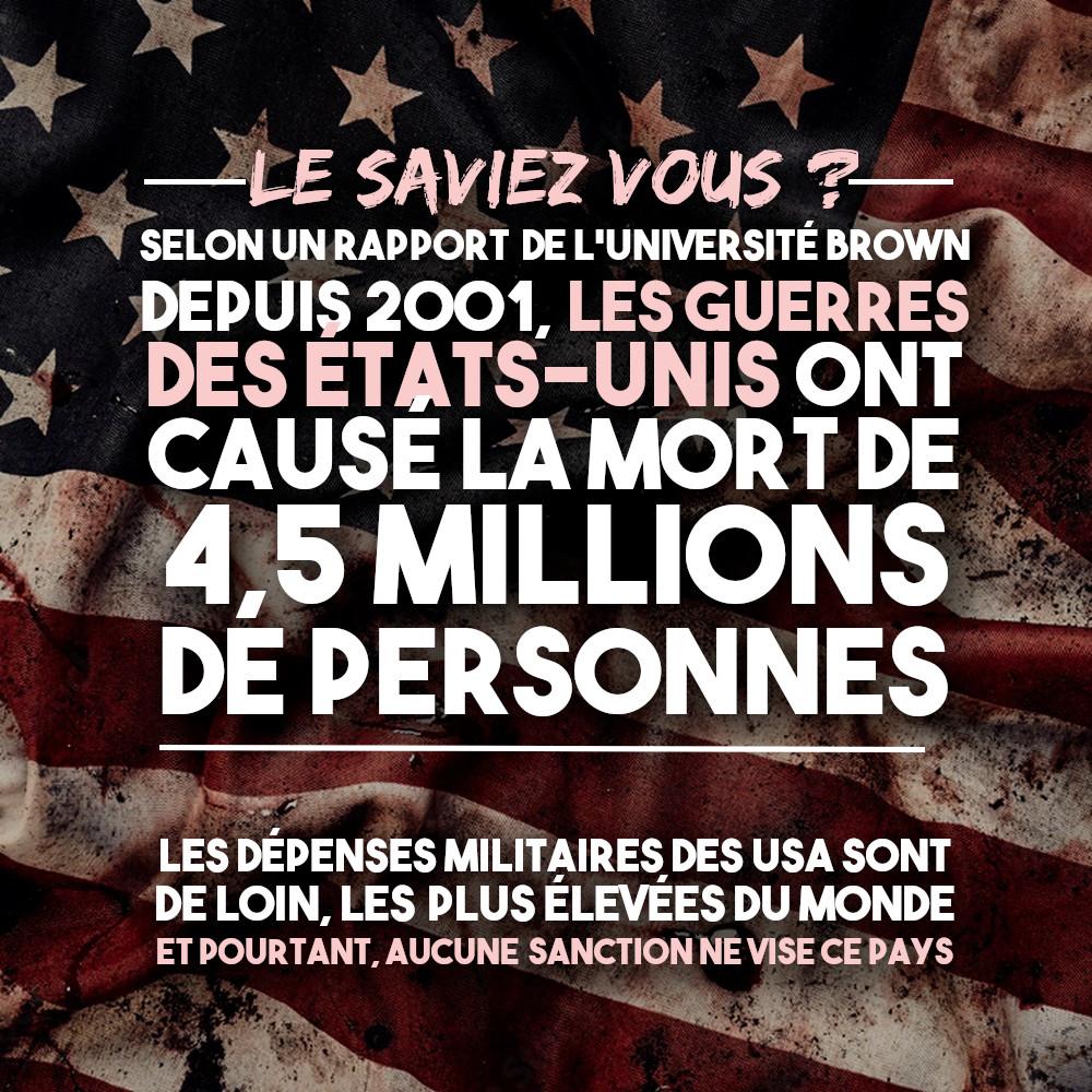 Un drapeau étasunien tâché de sang : un empire qui ne connaît que la guerre et fait des millions de victimes.