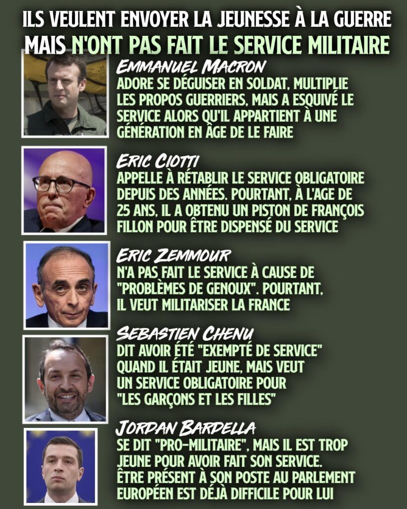 Macron, Ciotti, Zemmour, Chenu et Bardella : cinq politiciens militaristes qui n'ont pas fait leur service.