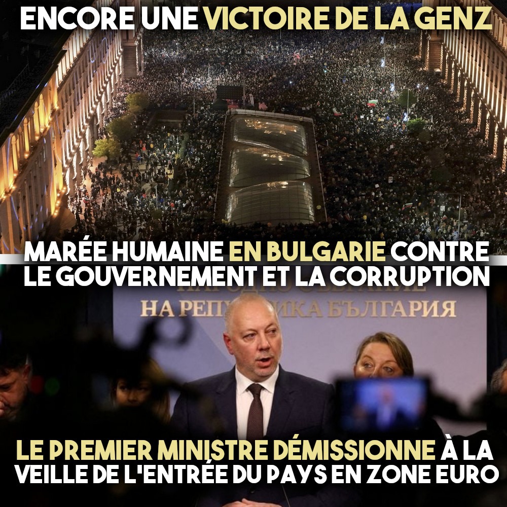 En haut : une manifestation massive de la Gen Z en Bulgarie. En bas : le premier ministre bulgare démissionnant face à la contestation.