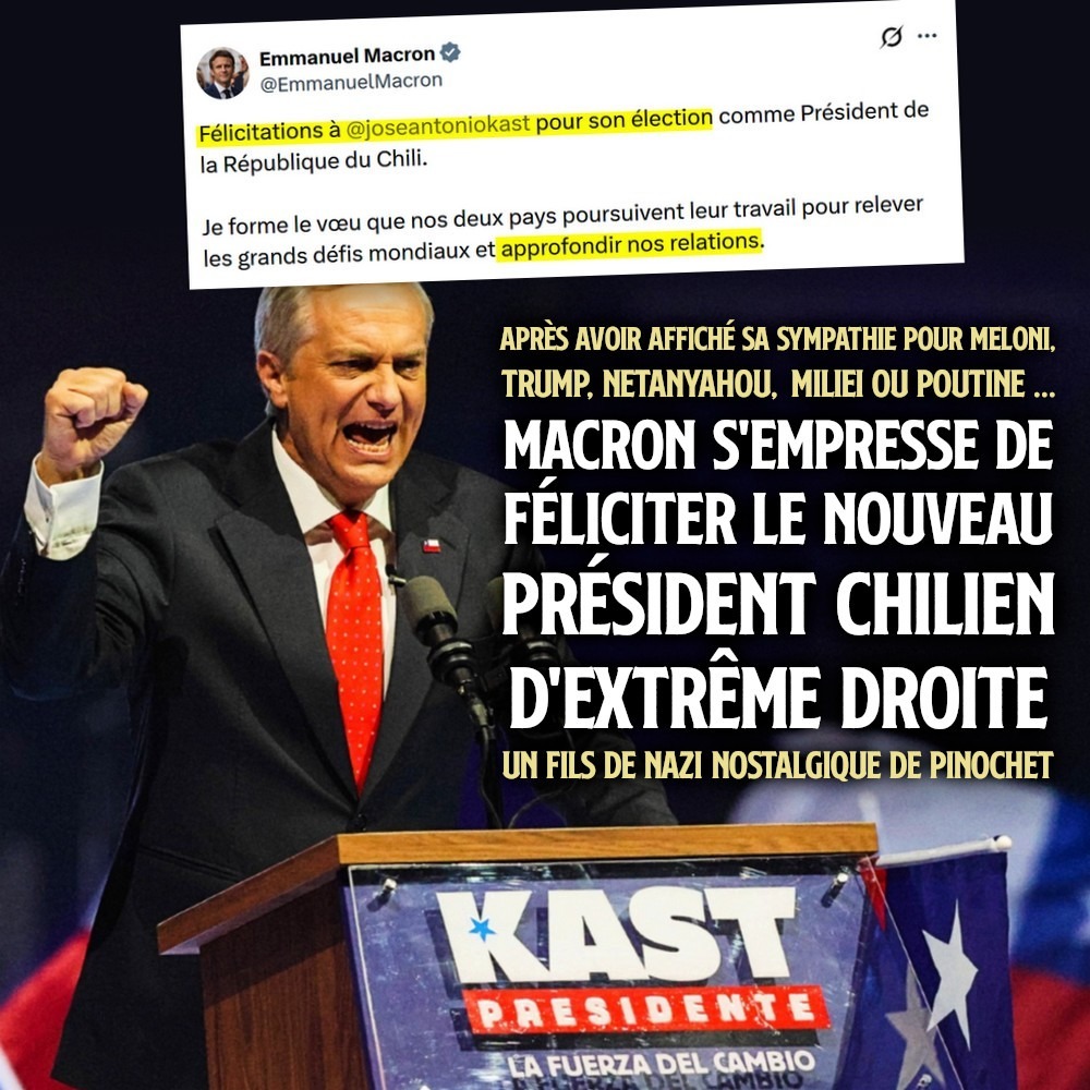 Antonio Kast exulte lors d'un discours, surmonté du tweet de Macron qui le félicite pour son élection à la tête du Chili.