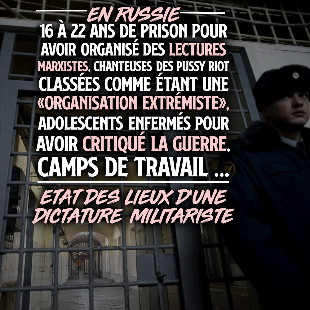 16 à 22 ans de prison pour avoir organisé des lectures marxistes, enfermement pour avoir critiqué la guerre, enfants en prison, camps de travail... État des lieux d'une dictature militariste en Russie.