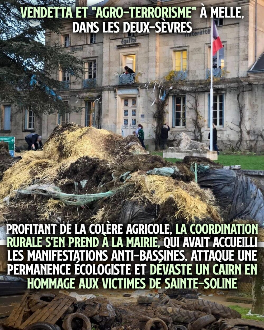 La mairie de Melle, dans les Deux-Sèvres, fait face à un tas de fumier depuis que la Coordination Rurale est passée par là