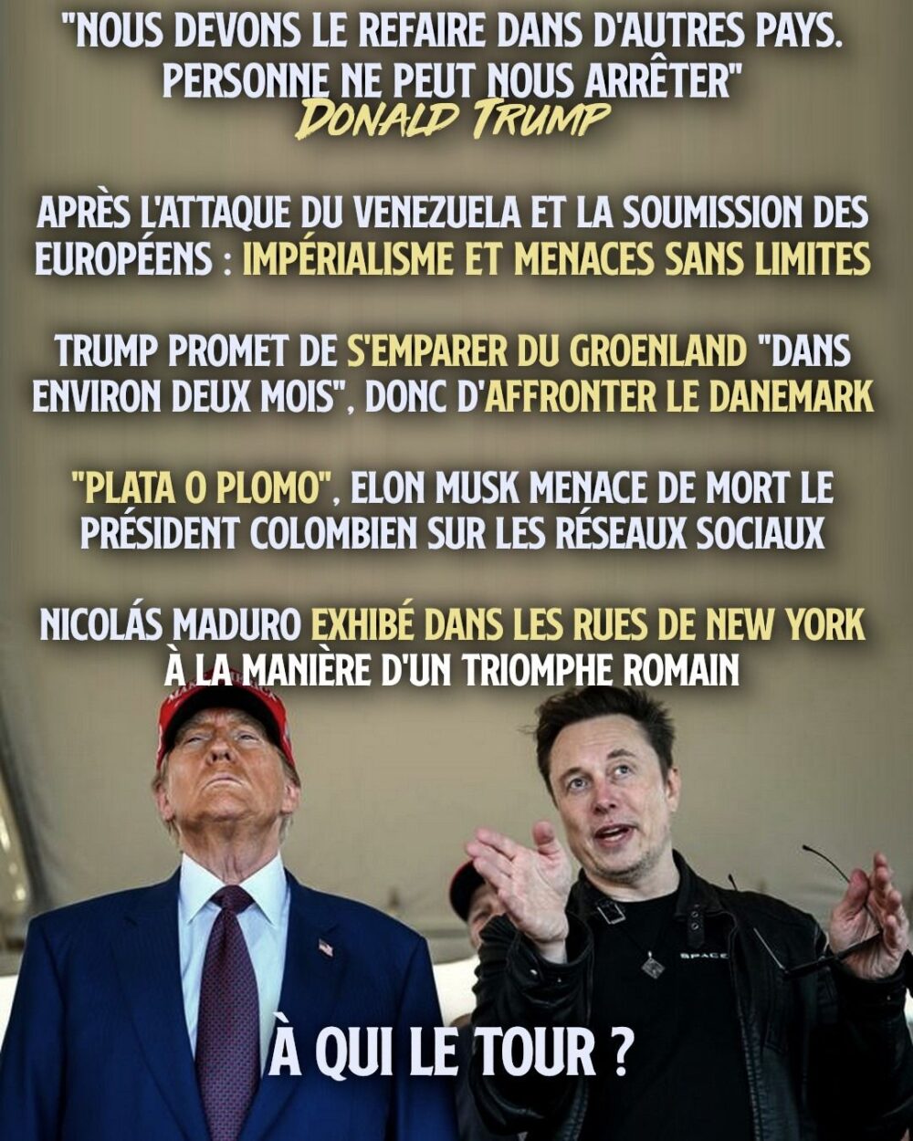 Musk et Trump, deux des principaux artistes qui permettent à l'impérialisme de parader aux USA.