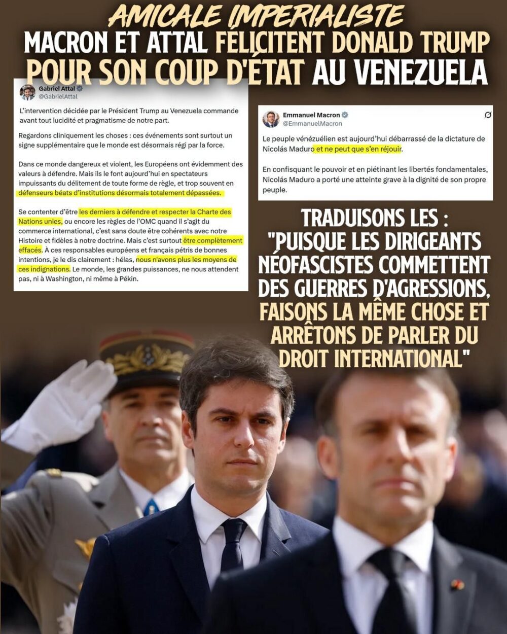 Emmanuel Macron et Gabriel Attal devant un militaire saluant : les "centristes" français plus trumpistes que jamais.