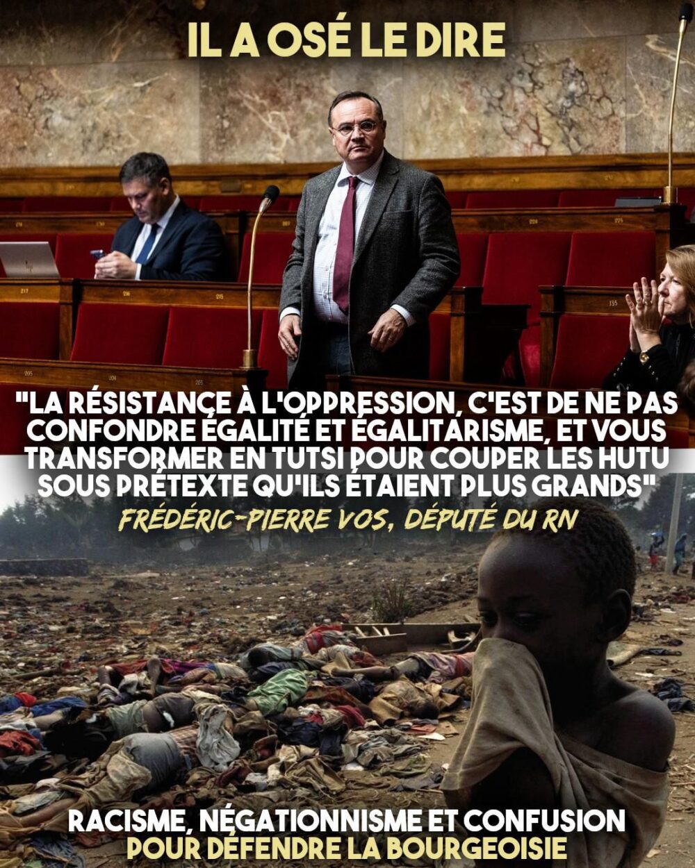 En haut : le député Frédéric-Pierre Vos et ses propos gerbants à l'Assemblée. En bas : un charnier lors du génocide au Rwanda.