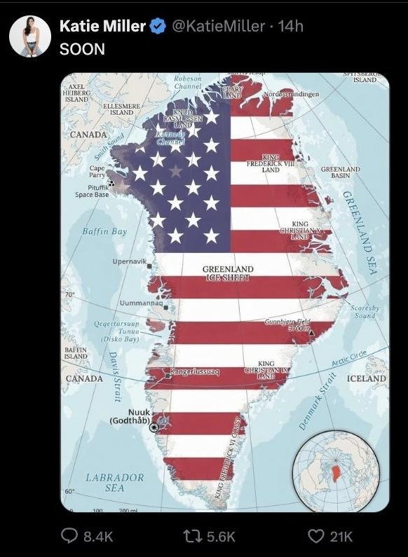 Le tweet de Katie Miller, représentant une carte du Groenland recouverte d'un drapeau américain.