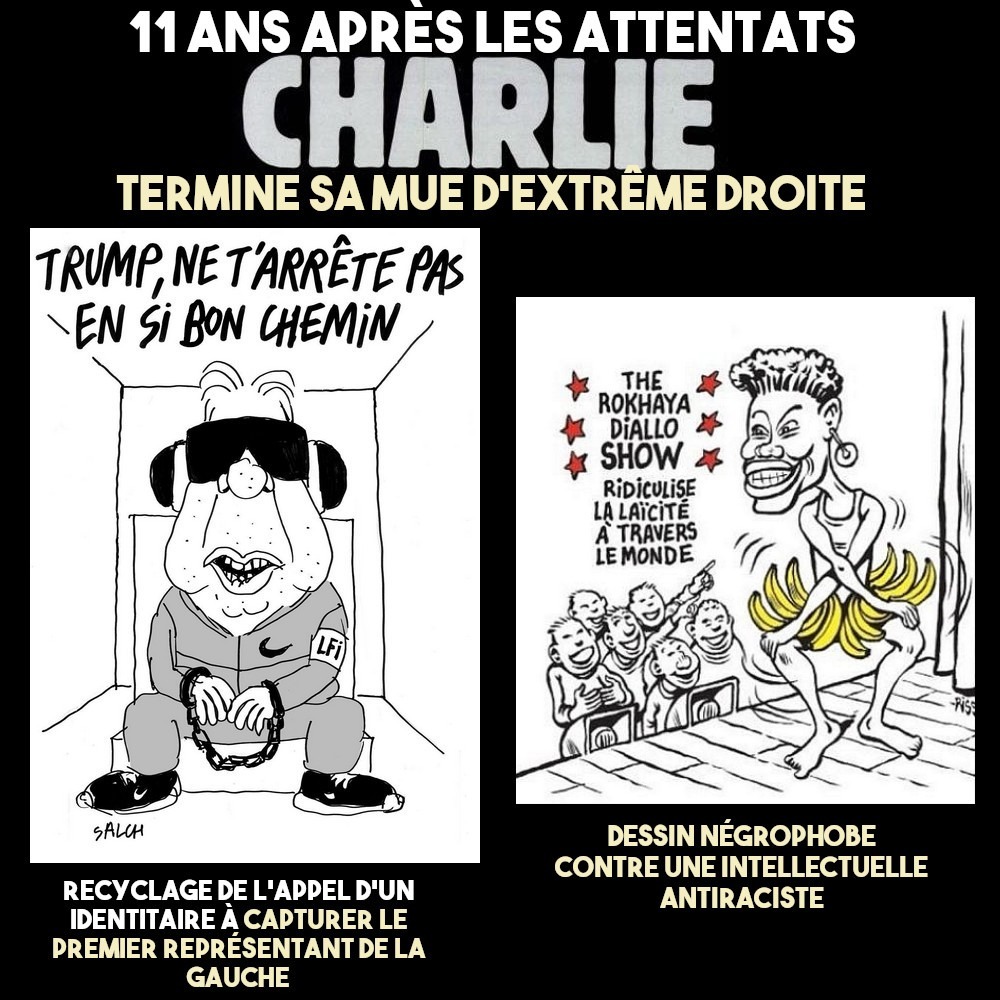 Caricature de Mélenchon à la place de Maduro, reprise des clichés négrophobes pour ridiculiser Rokhaya Diallo... Charlie Hebdo a terminé sa mue d'extrême droite.