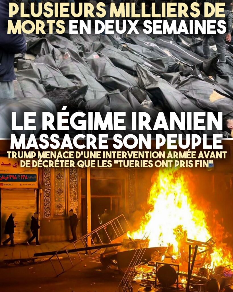 Des sacs mortuaires et une barricade enflammée en Iran, où les morts se comptent par milliers.