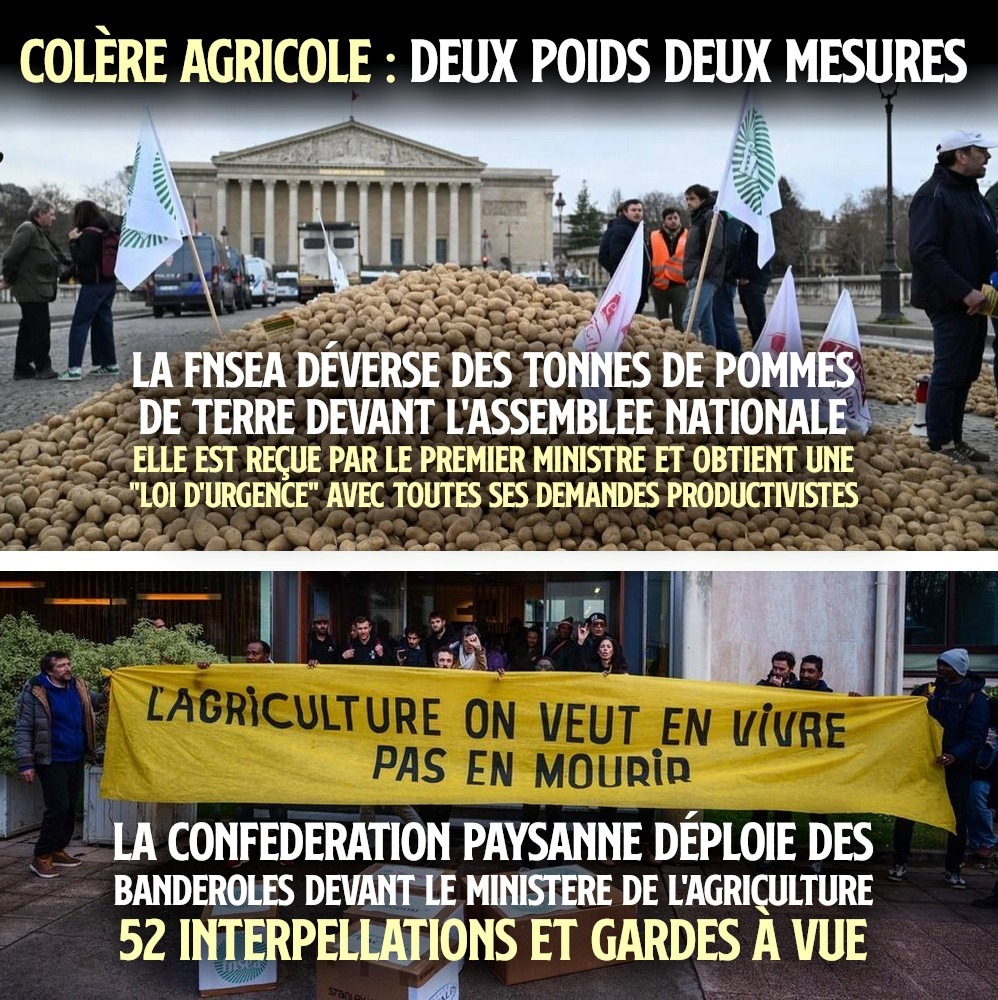 Des tonnes de patates déversées devant l'Assemblée par la FNSEA et une banderole de la Conf' pour vivre de l'agriculture : seuls les seconds sont réprimés.