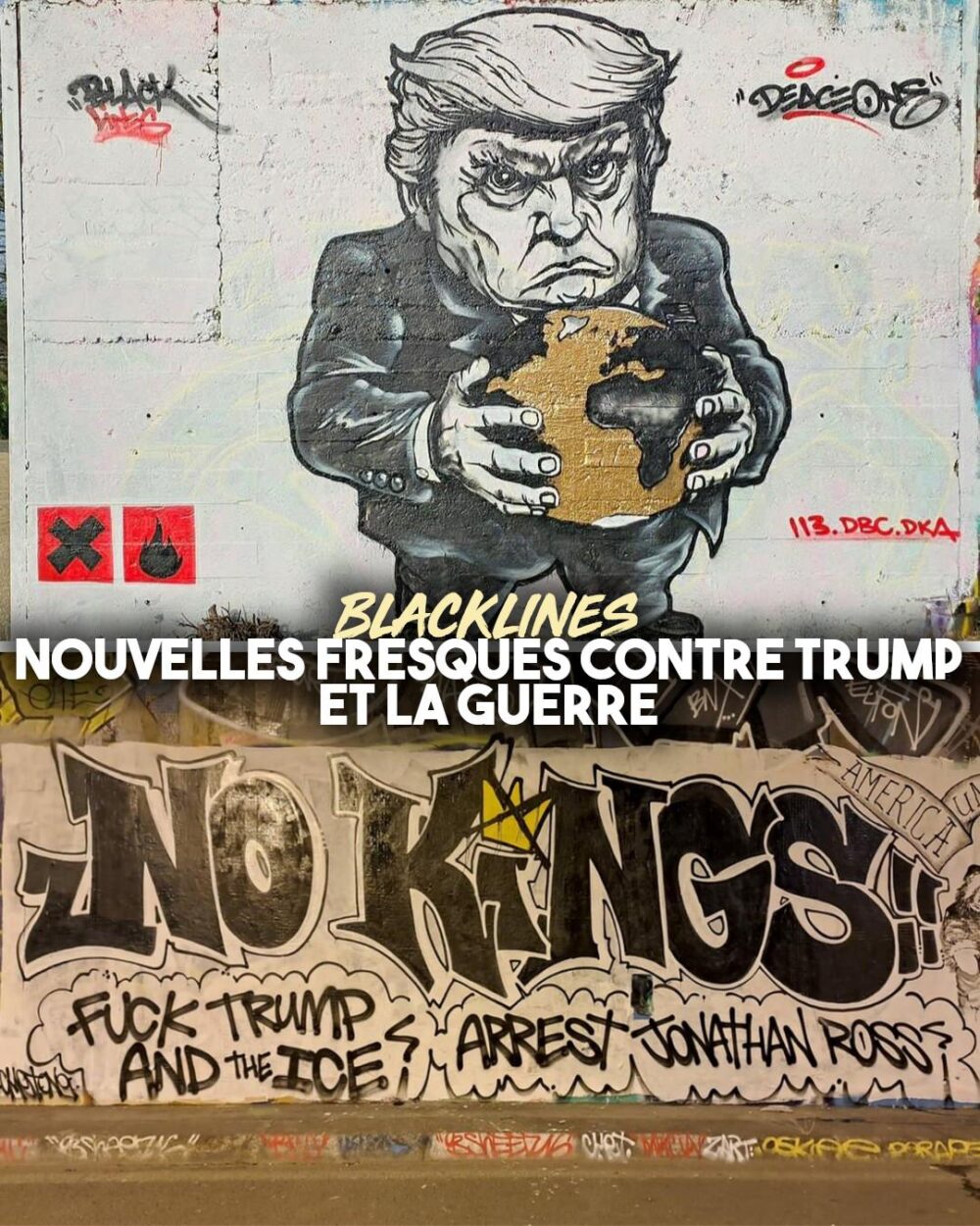 Fresque de Black Lines représentant Trump qui tient le monde entre ses mains.