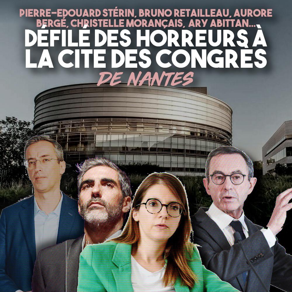 La Cité des Congrès de Nantes en arrière-plan des portraits de Pierre-Édouard Stérin, Bruno Retailleau, Aurore Bergé, et Ary Abittan