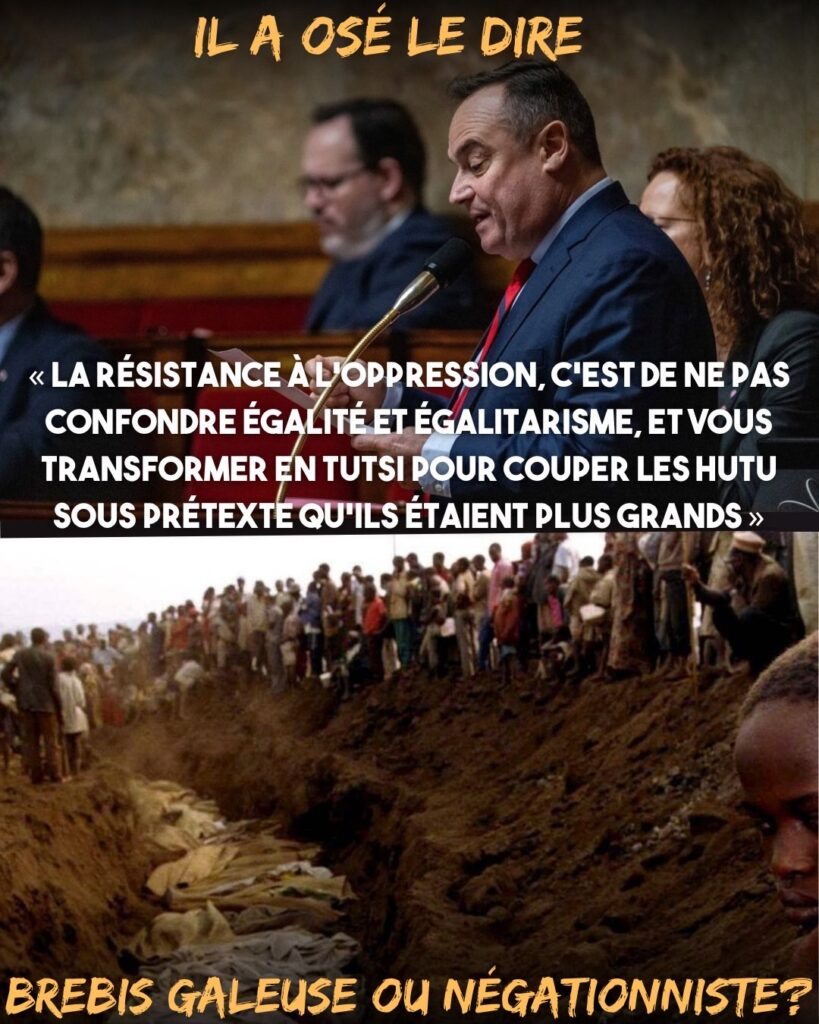 En haut : le député Frédéric-Pierre Vos et ses propos gerbants à l'Assemblée.
En bas : un charnier lors du génocide au Rwanda.