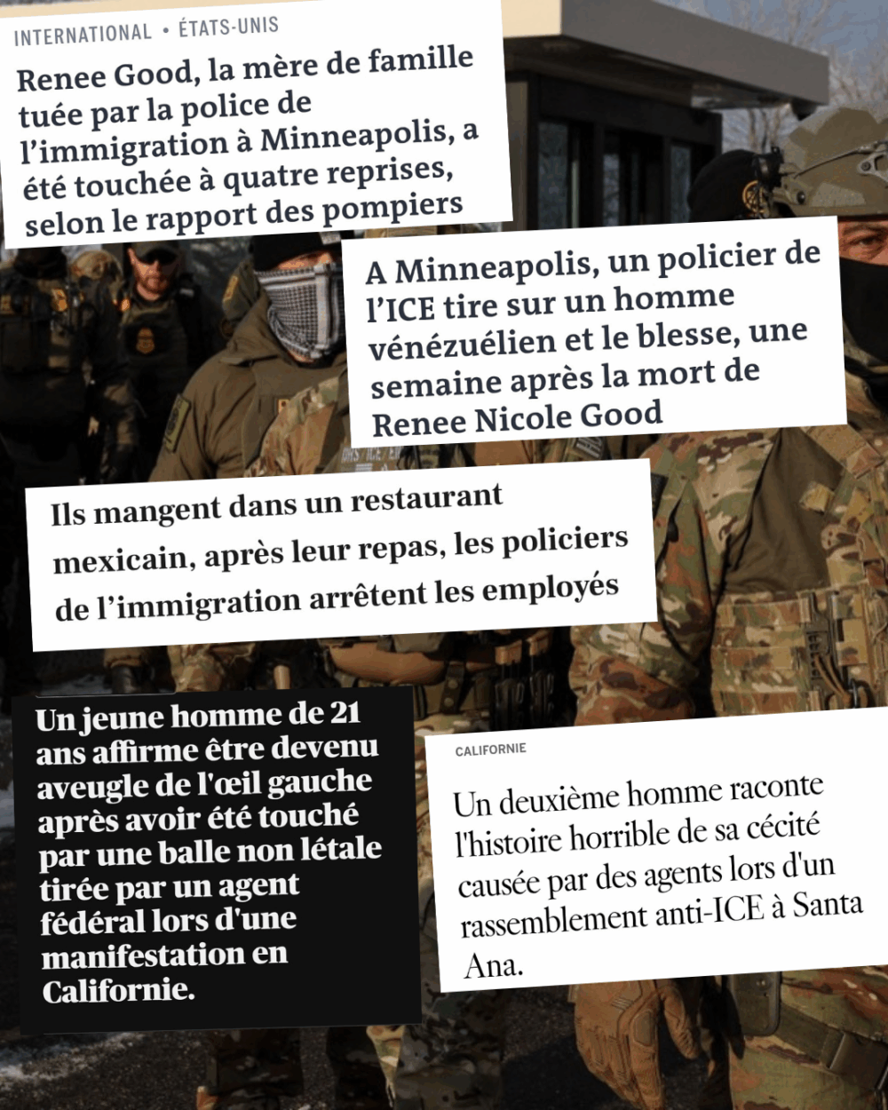 Sur fond de policiers de l'ICE, quelques titres des derniers jours illustrent le fascisme étasunien dont la violence monte en puissance.