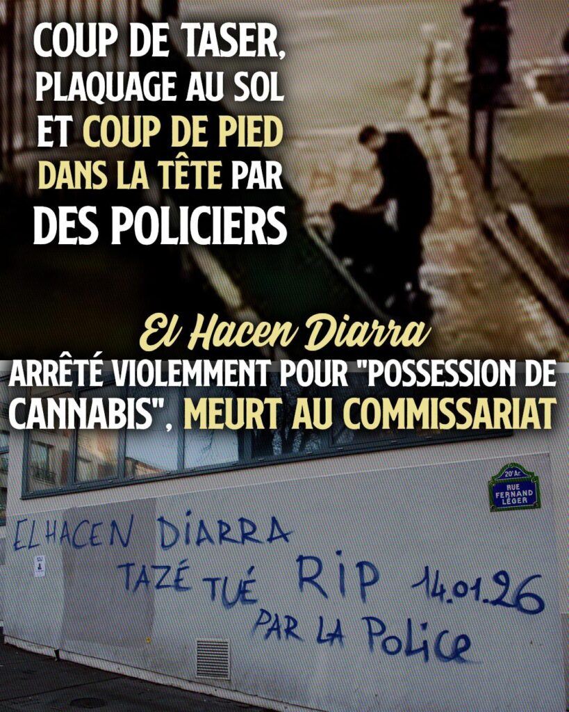 Une image de l'interpellation et un graffiti pour rappeler qu'El Hacen Diarra a été tazé et tué par la police.