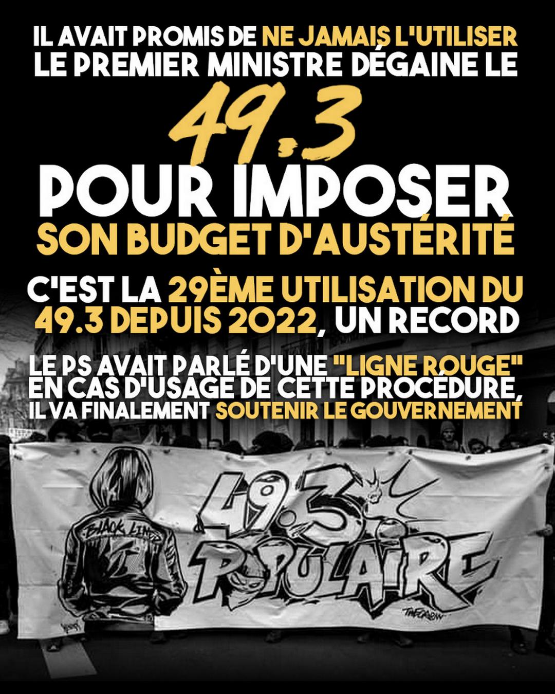 Une banderole réclamant un 49.3 populaire qui se fait toujours attendre.