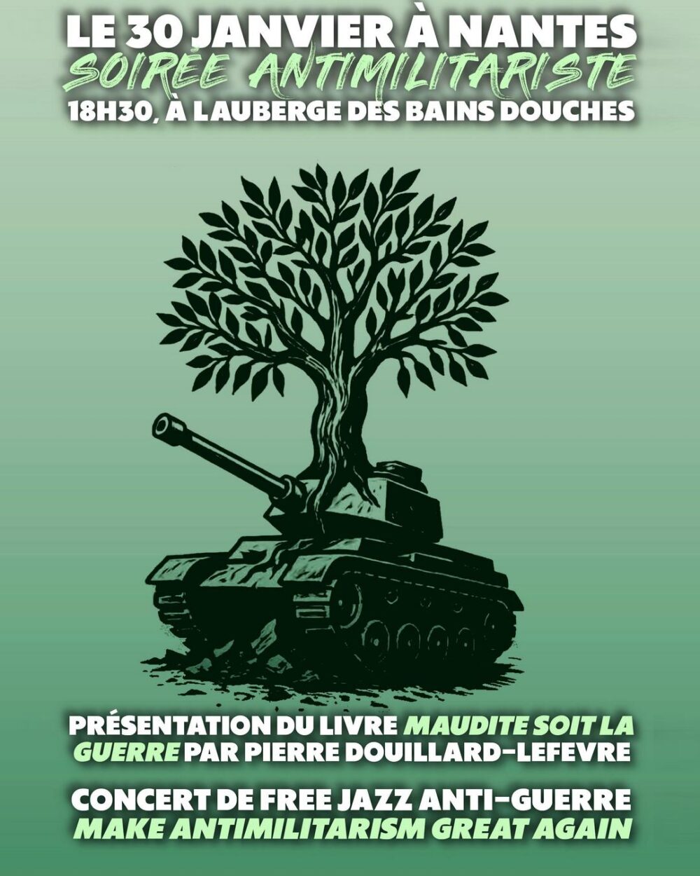Un arbre poussant sur un char d'assaut : soirée antimilitariste le 30 janvier prochain à Nantes