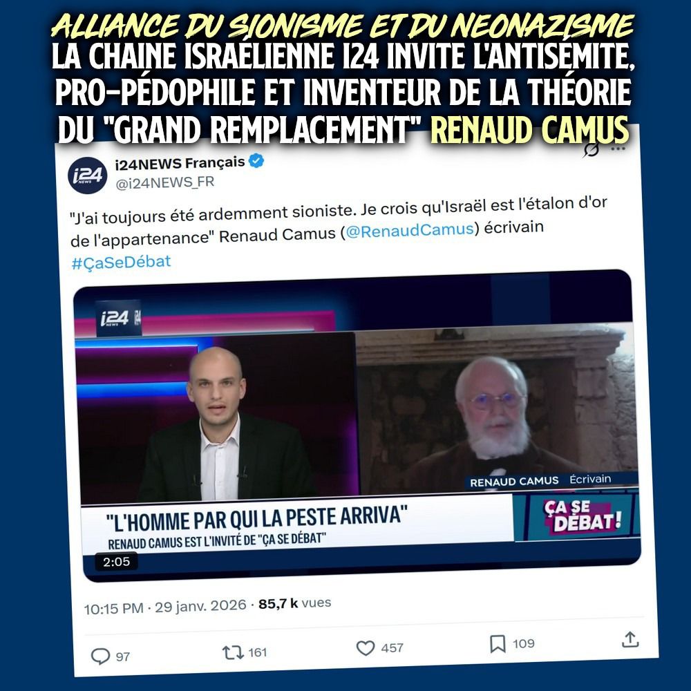 Renaud Camus invité sur I24 News, la chaîne qui voit de l'antisémitisme partout sauf là où il y en a.