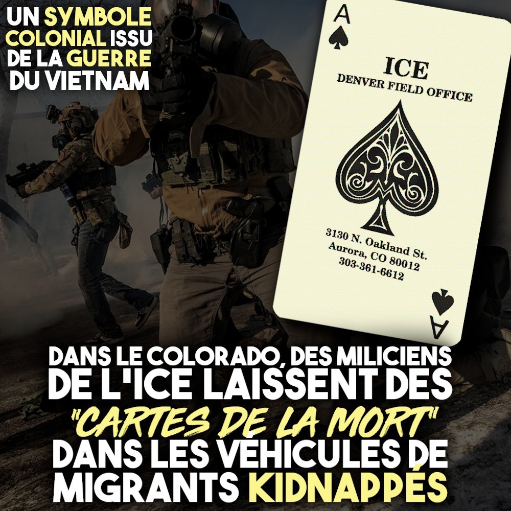 Un as de pique laissé par l'ICE après avoir kidnappé une personne migrante : une référence aux cartes de la mort laissées lors de la guerre du Vietnam.