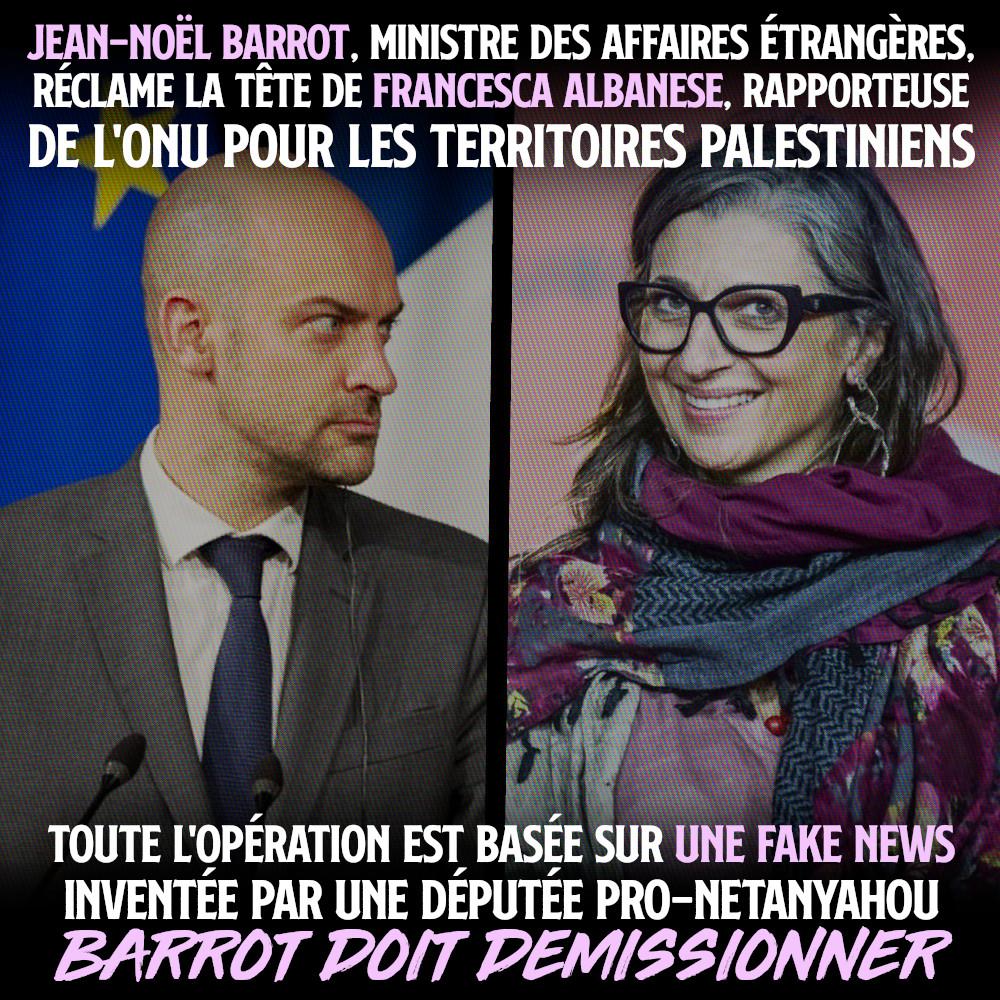 À gauche Jean-Noël Barrot, ministre et paillasson d'Israël. À droite Francesca Albanese, rapporteuse de l'ONU pour la Palestine et menacée de sanctions pour avoir dénoncé un système génocidaire.