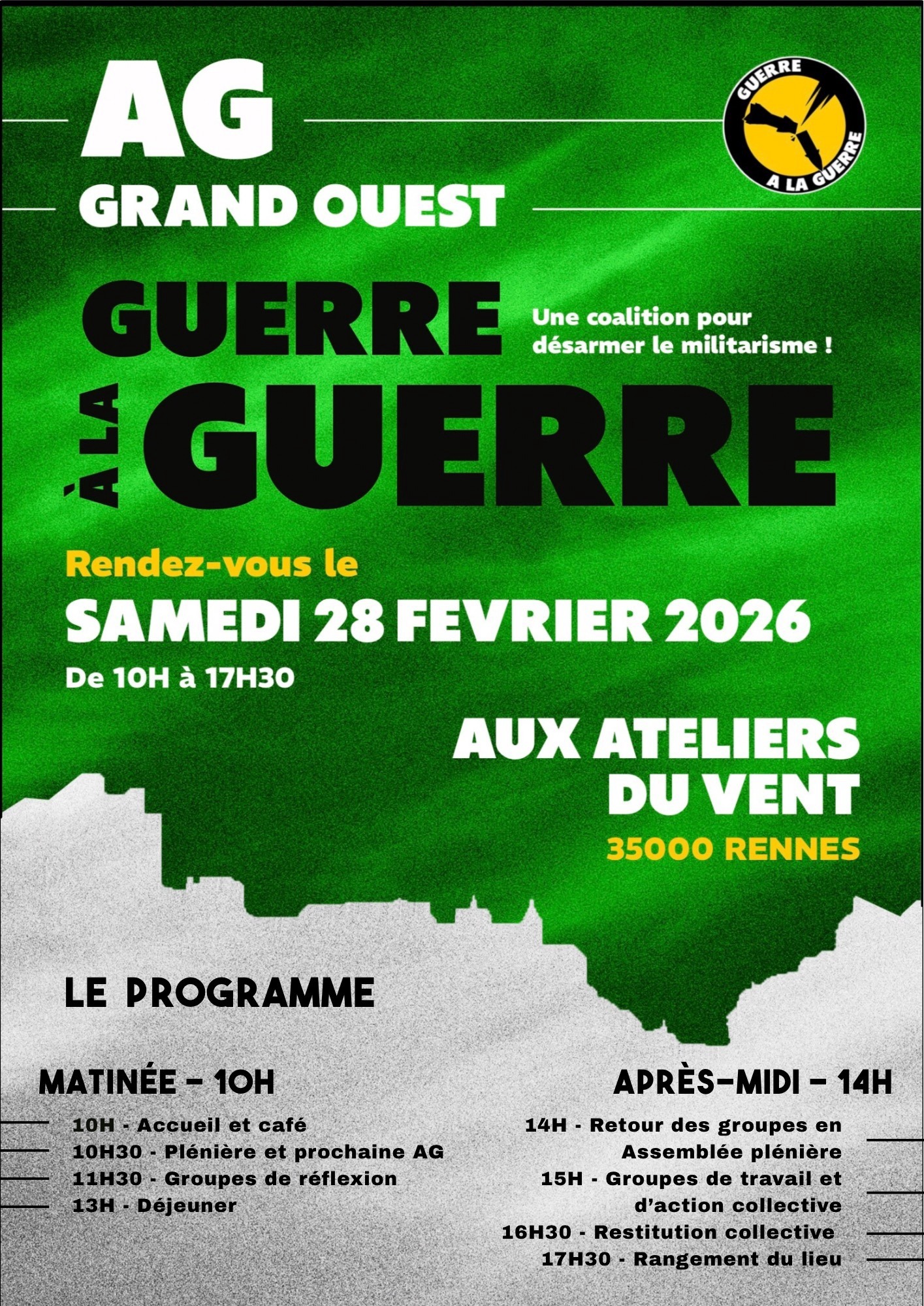 L'affiche de Guerre à la guerre pour le grand ouest appelle à s'organiser à Rennes le 28 février