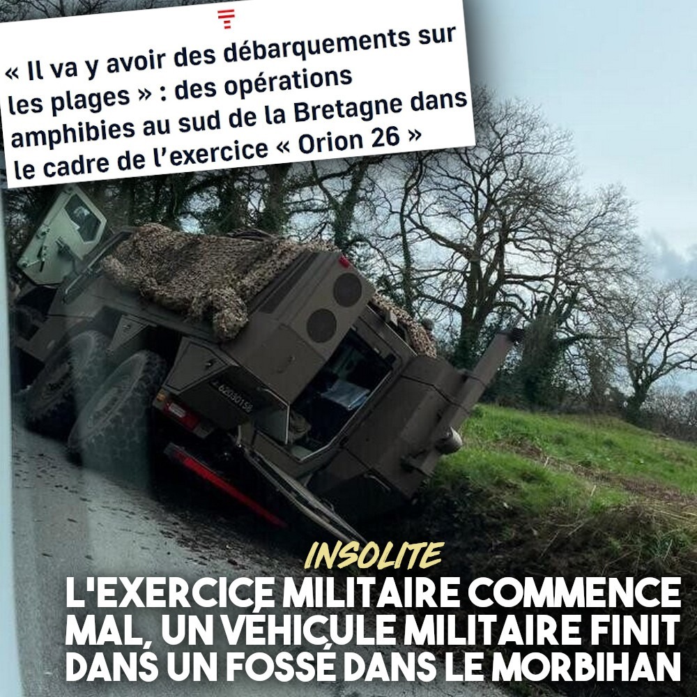Un véhicule militaire a fini dans un fossé à Plumergat : une curieuse image de la légendaire armée française.