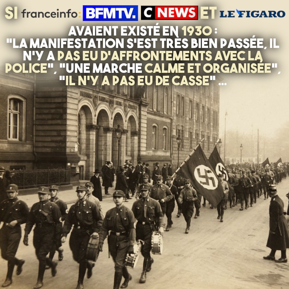 Une marche nazie se déroule dans le calme, les drapeaux à croix gammée flottent au vent.