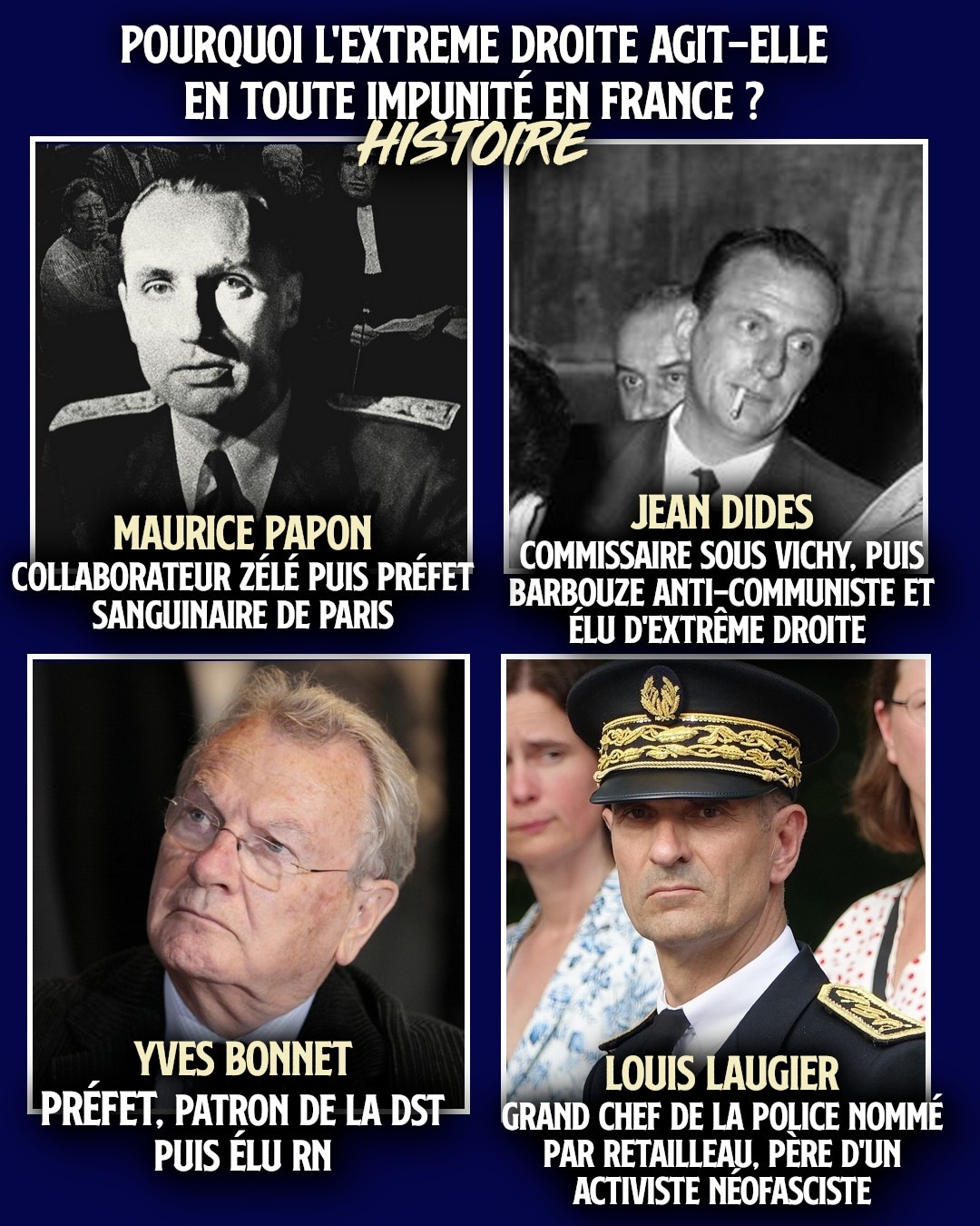 Les portrait de Maurice Papon, Jean Dides, Yves Bonnet et Louis Laugier : quatre figures d'extrême droite haut placées dans la police.
