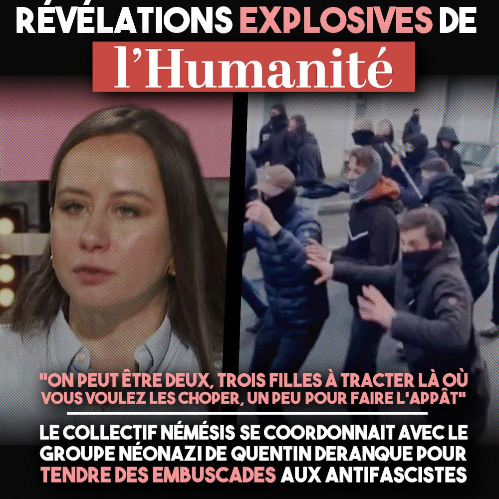Alice Cordier, cheffe de Némésis, à côté d'une image des fascistes ayant tendu le guet-apens qui a aboutit à la mort de Quentin Deranque.