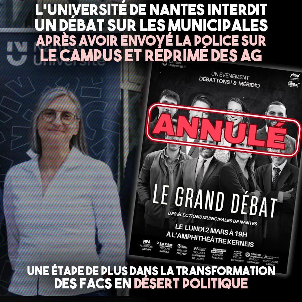 Carine Bernault, présidente de l'Université de Nantes, à côté de l'affiche pour le débat contenant la mention "annulé"