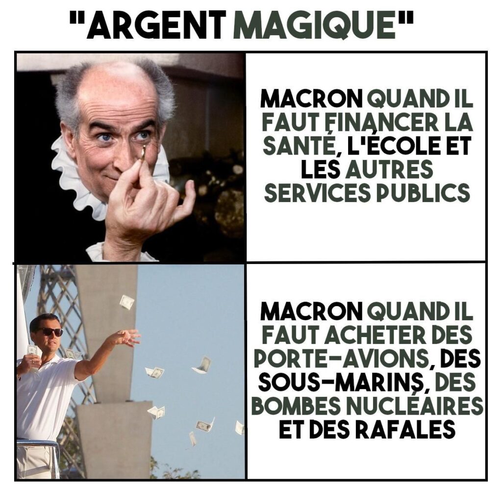 Macron quand il faut financer les services publics ou l'armée : Louis de Funès en pingre et Léonardo Di Caprio dispersant des billets.