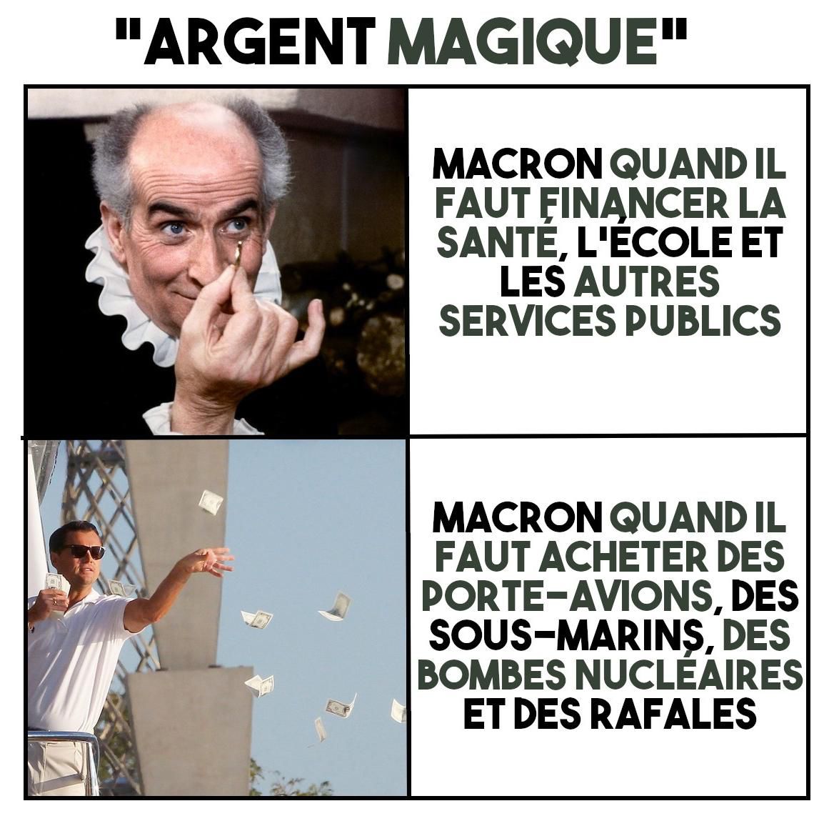 Macron quand il faut financer les services publics ou l'armée : Louis de Funès en pingre et Léonardo Di Caprio dispersant des billets.