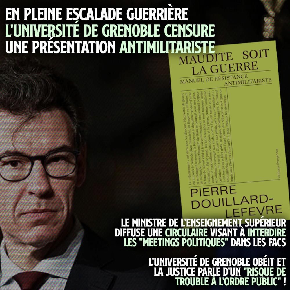 Le ministre de l'enseignement supérieur face à la couverture du livre "Maudite soit la guerre", que Pierre Douillard-Lefèvre ne pourra pas présenter à l'université de Grenoble.