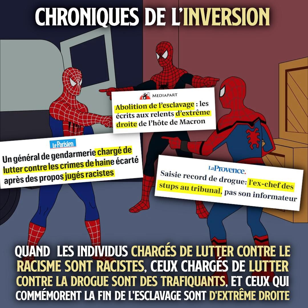 Des sosies de Spiderman s'accusent mutuellement, une allégorie de l'inversion et de l'hypocrisie d'État