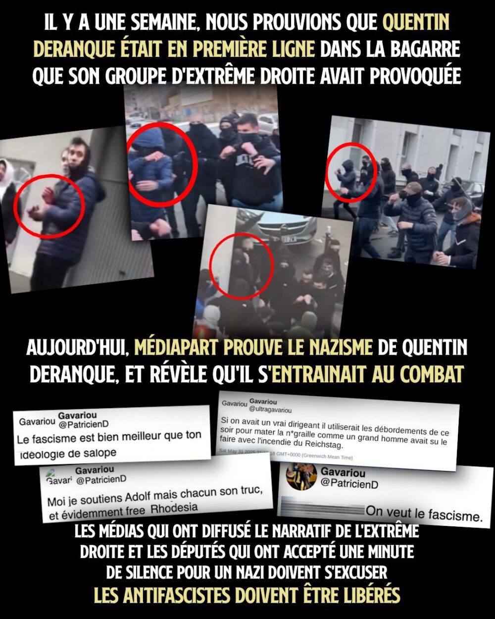 Quentin Deranque au premier rang de la bagarre qui a aboutit à son décès