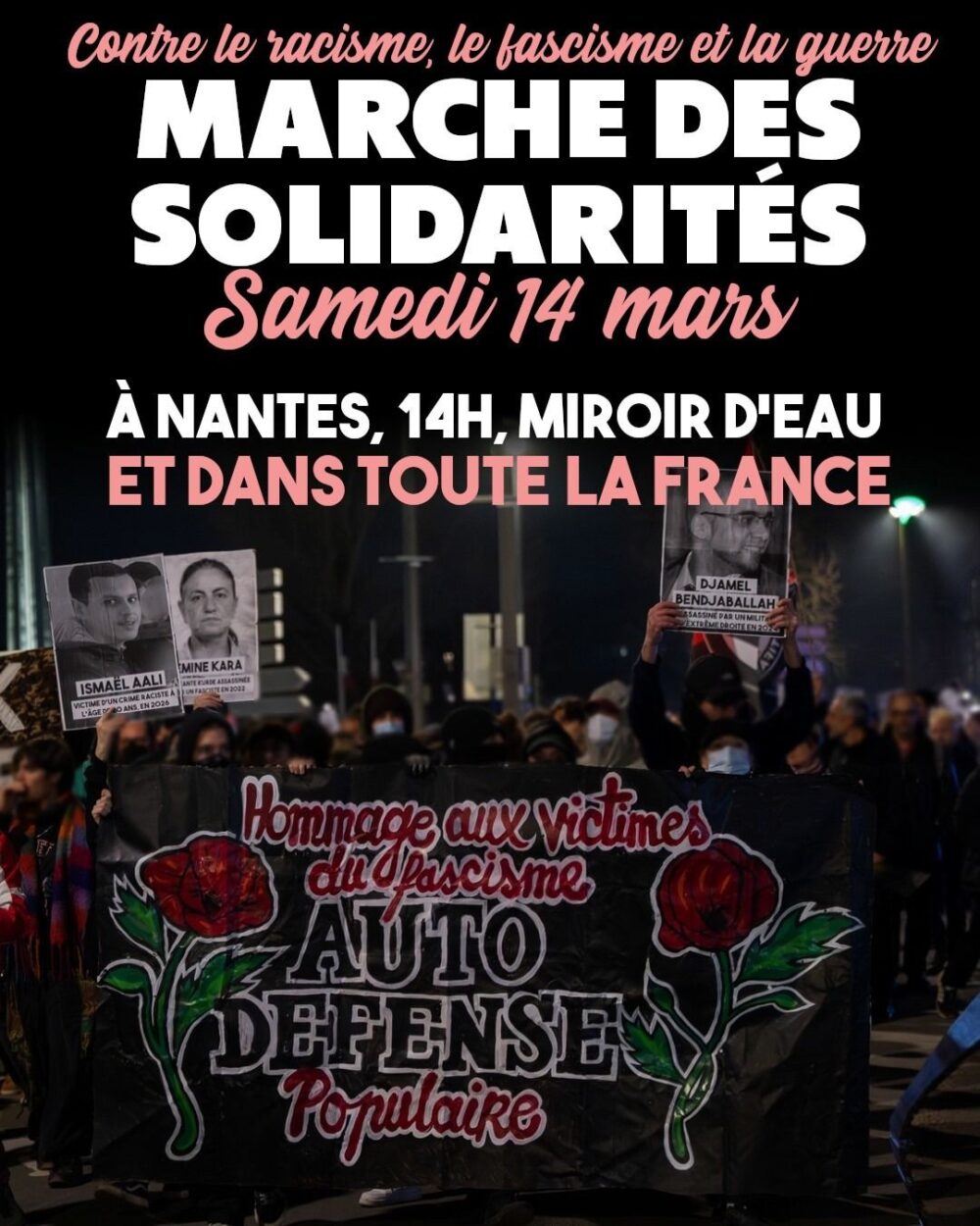 Une banderole nantaise contre le fascisme et pour l'autodéfense populaire, qui sera peut-être de nouveau sortie pour la Marche des Solidarités ce 14 mars