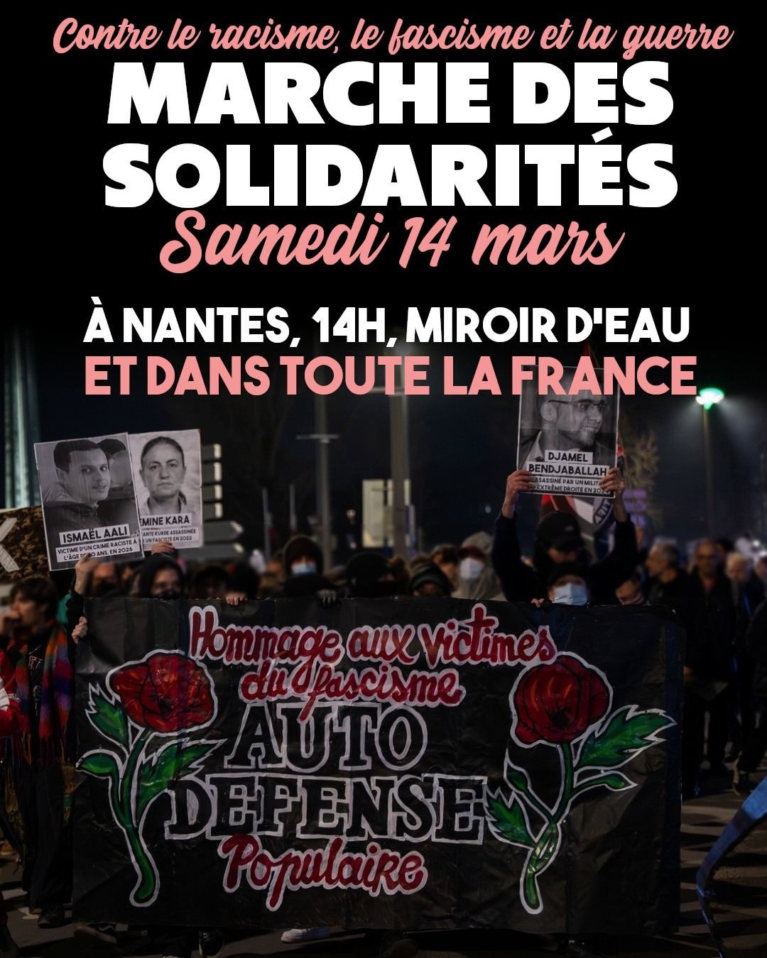 Une banderole nantaise contre le fascisme et pour l'autodéfense populaire, qui sera peut-être de nouveau sortie pour la Marche des Solidarités ce 14 mars
