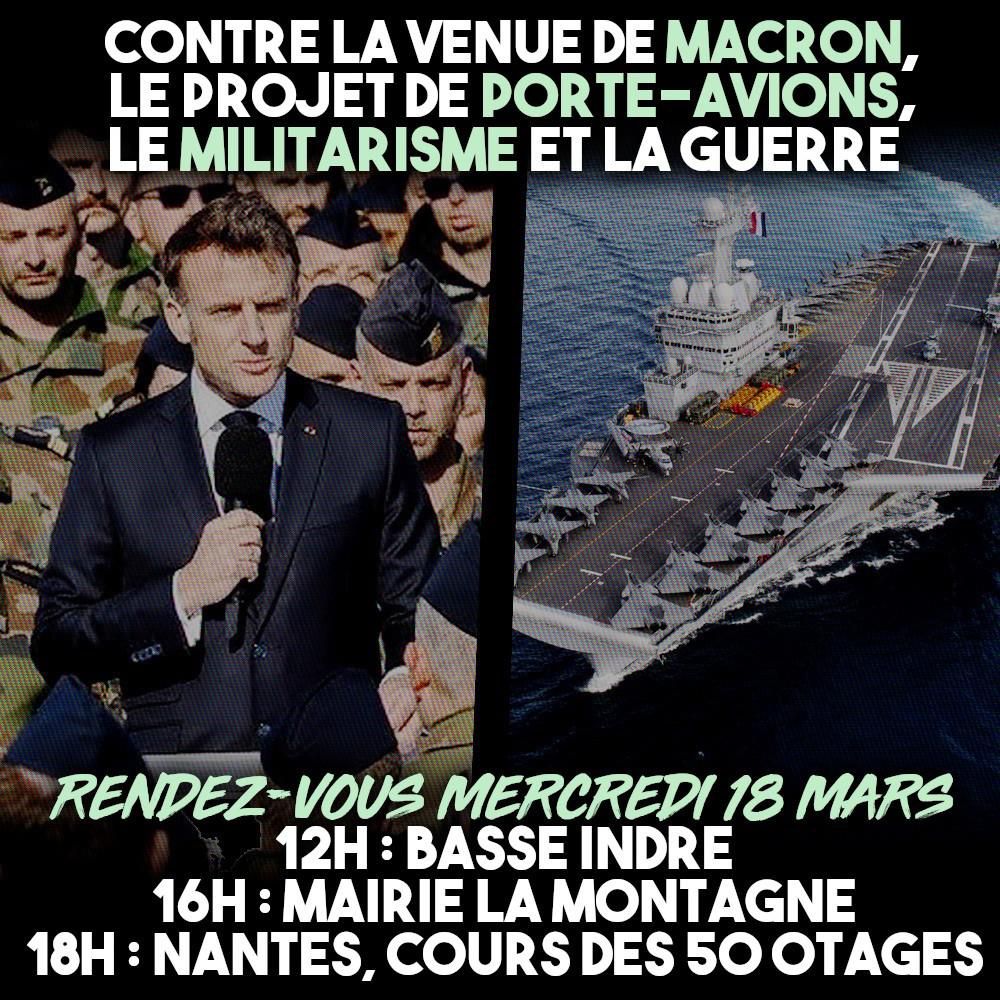 À gauche : Emmanuel Macron tient un discours devant des militaires. À droite : le nouveau porte-avions qui sera construit à Nantes et Saint-Nazaire.