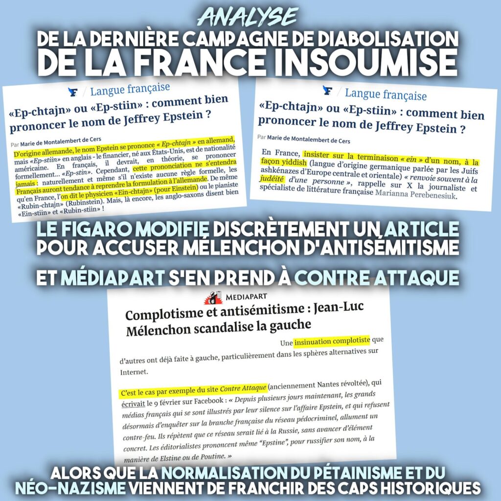 L'article du Figaro avant et après modification, et l'extrait de Médiapart qui tape sur Contre Attaque, qui ferait des insinuations complotistes. Le parti des médias en guerre contre Mélenchon et assimilés.