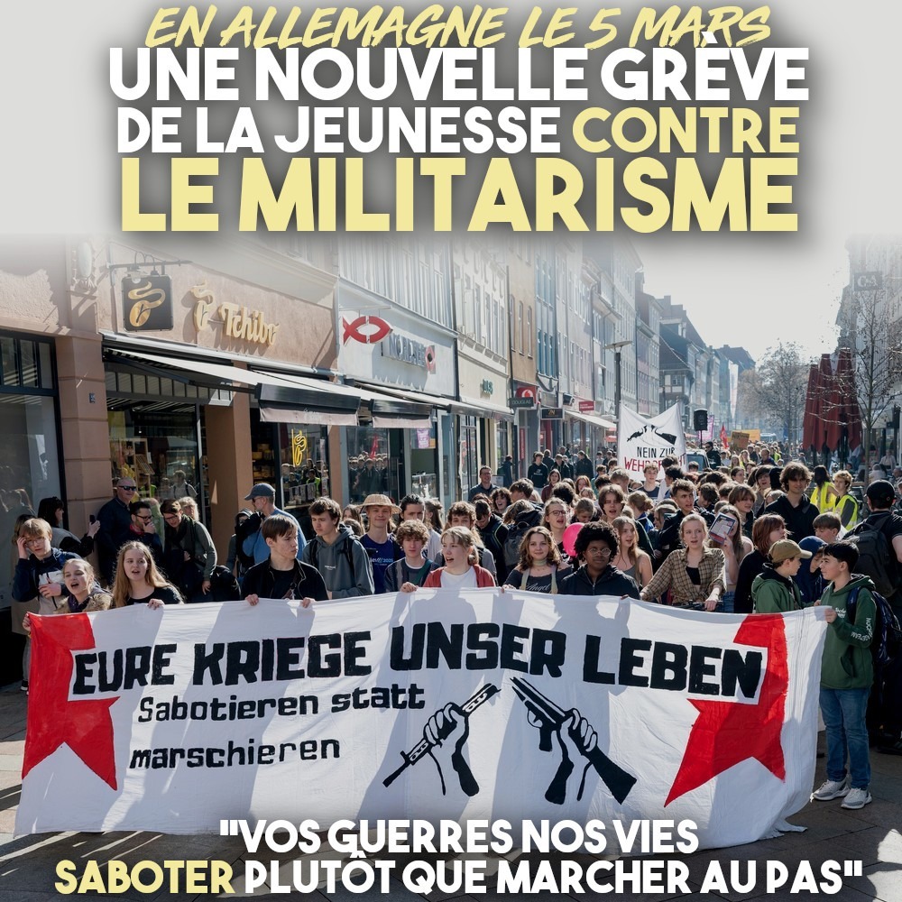 "Vos guerres, nos vies, saboter plutôt que marcher au pas" : la banderole de tête de la manifestation anti-guerre lors de la grève lycéenne en Allemagne.