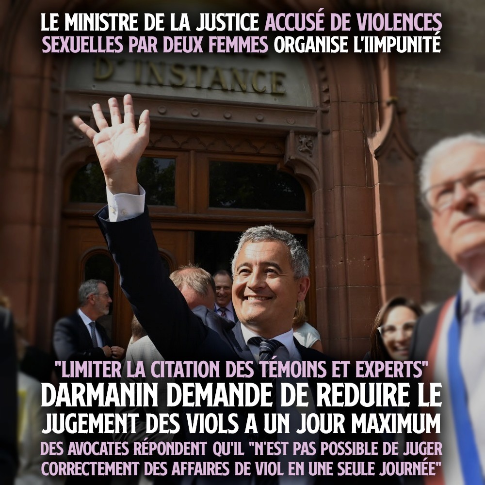 Gérald Darmanin tout content devant un tribunal d'instance, car ce violeur est ministre de la Justice et bénéficie jusqu'ici d'une impunité totale.