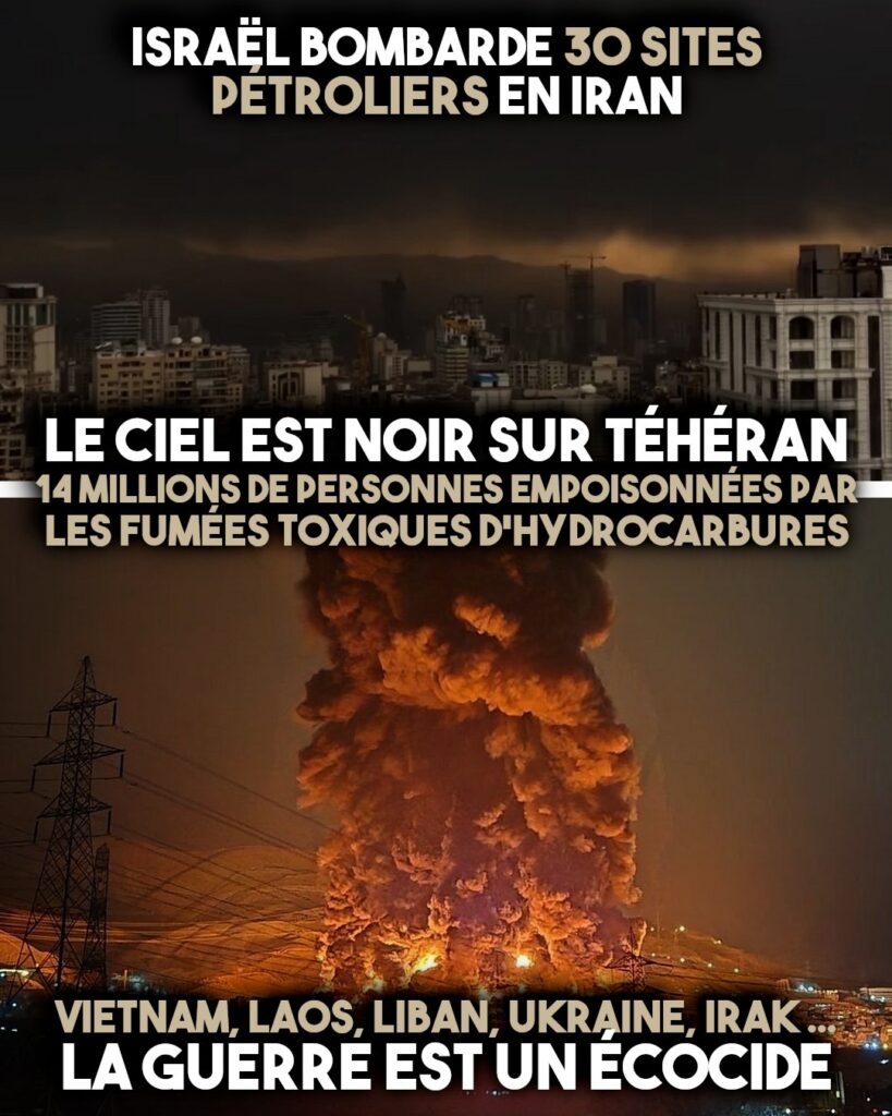En haut : Une pluie d'hydrocarbures tombe sur Téhéran.
En bas : Un panache de fumée s'échappe d'un site pétrolier bombardé.