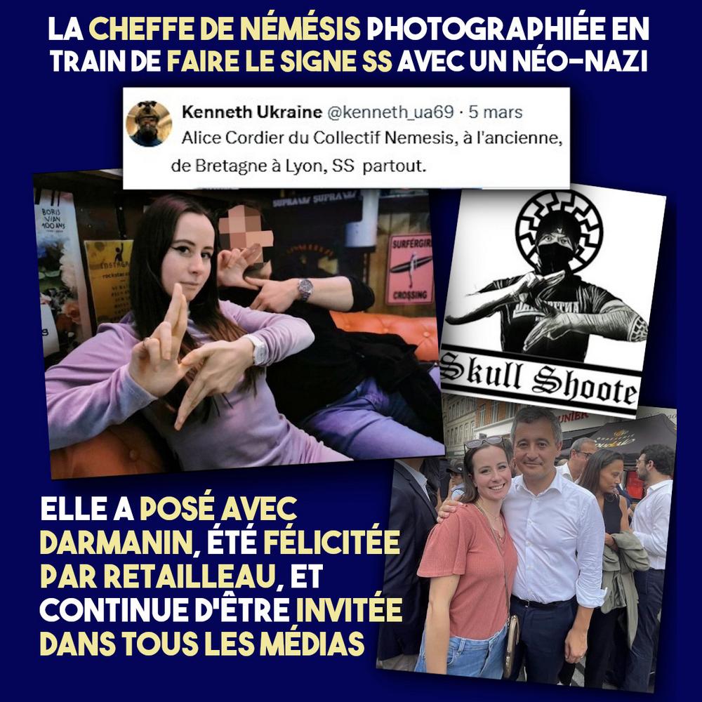 Alice Cordier, le cheffe de Némésis, faisant un signe SS avec un néo-nazi et prenant la pose avec Darmanin.